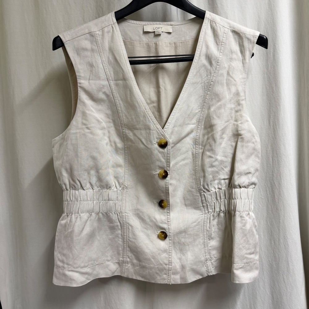 Loft Womens Linen Blend Button Front Cinched Waist Vest Beige Size L Classic